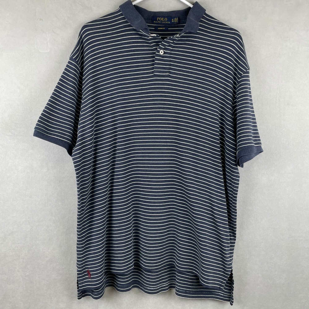 Polo Ralph Lauren Mens XL Custom Fit Striped Preppy Polo Shirt Blue Green Cotton